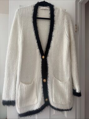 bishop + young White Cardigan with Black Trim and Gold Buttons